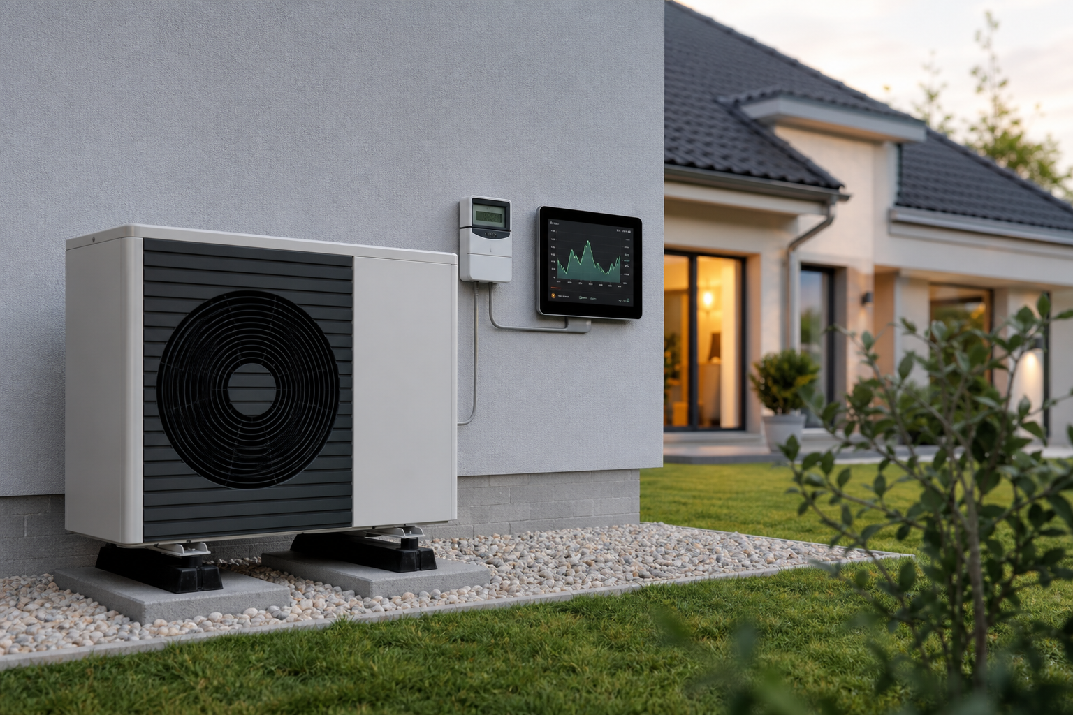 Moderne Wärmepumpe im Außenbereich eines Einfamilienhauses, verbunden mit einem Smart Meter und einem digitalen Display, das dynamische Strompreise anzeigt. Fokus auf Technologie und Effizienz.
