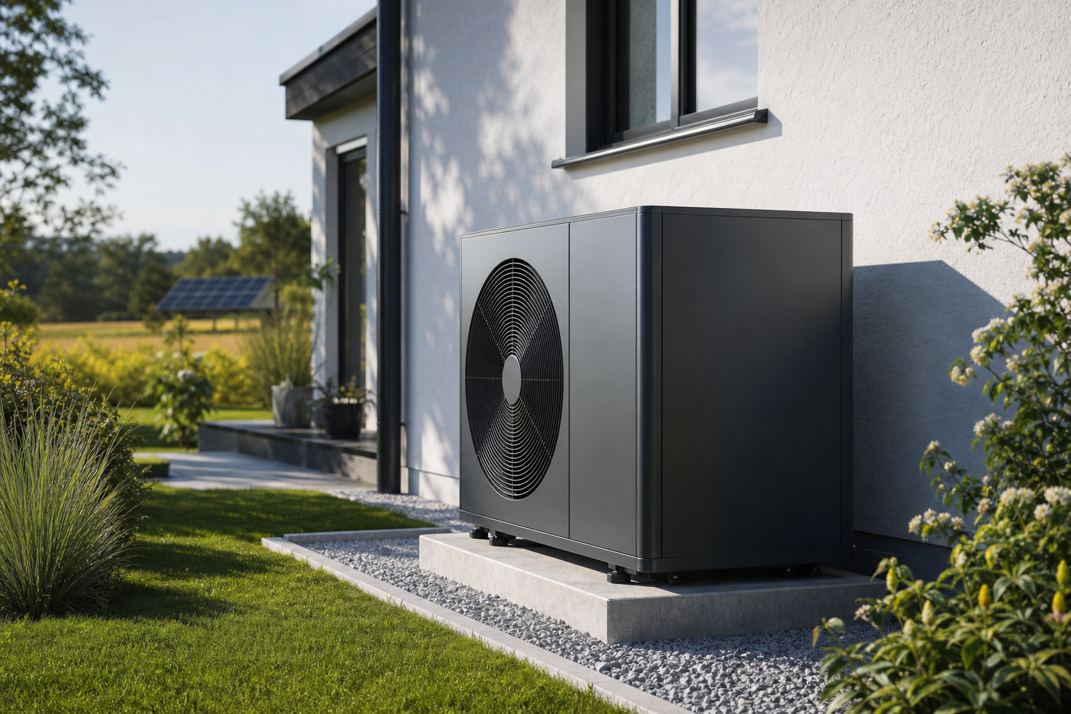Eine moderne Wärmepumpe, die an einem Einfamilienhaus installiert ist, mit einem dezenten Hintergrund, der Energieeffizienz und Nachhaltigkeit symbolisiert.