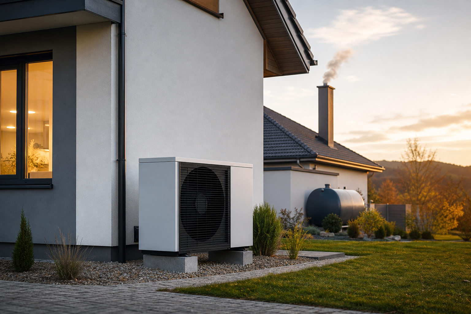 Ein modernes Einfamilienhaus, an dessen Fassade eine Wärmepumpe diskret installiert ist, während im Hintergrund ein Schornstein und ein Gas- oder Öltank angedeutet sind. Keine Personen.