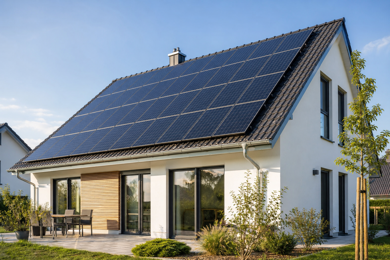 Moderne Photovoltaikanlage auf einem Einfamilienhausdach, sonniger Tag, keine Personen, keine Logos, klare Linien.