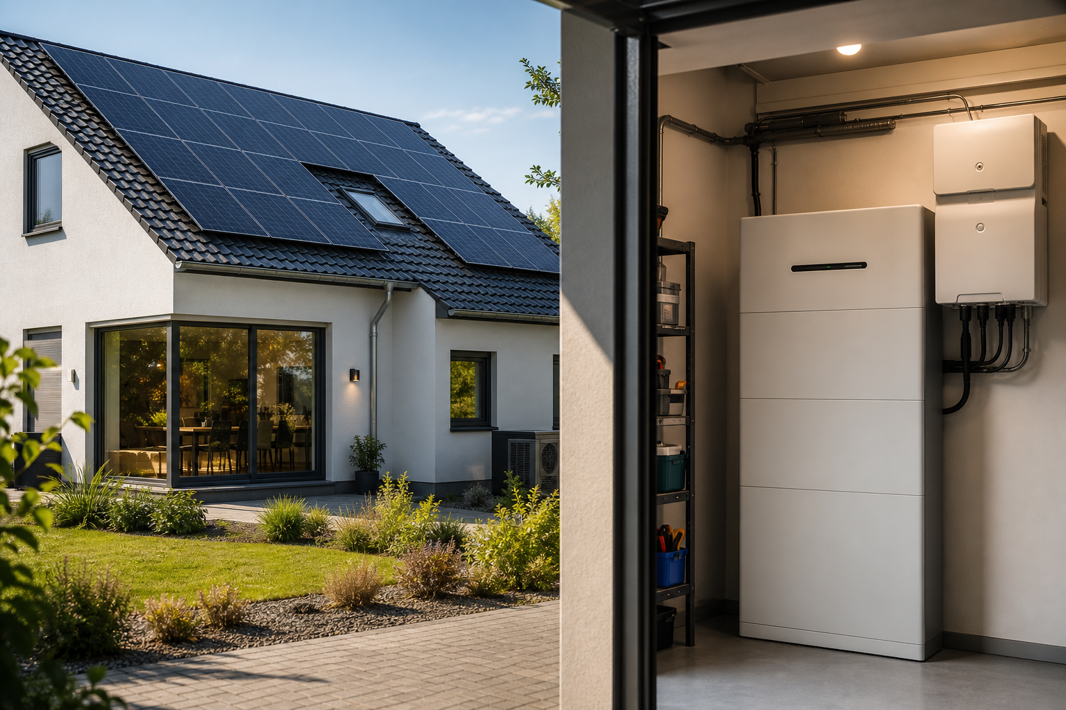 Eine moderne Photovoltaikanlage auf einem Einfamilienhausdach, mit einem sichtbaren Stromspeicher im Technikraum. Klare Linien, sonniges Wetter, Fokus auf die Technologie.