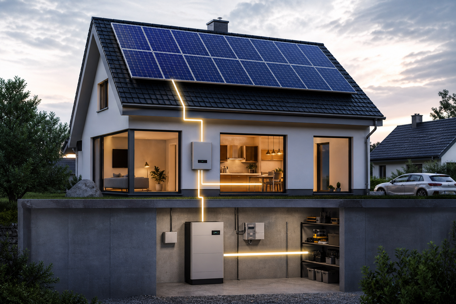 Eine moderne Photovoltaikanlage auf einem Hausdach mit einem sichtbaren Stromspeicher im Keller oder Technikraum, symbolisch verbunden durch Lichtstrahlen oder Energieflüsse. Keine Personen, keine Logos, kein Text im Bild.