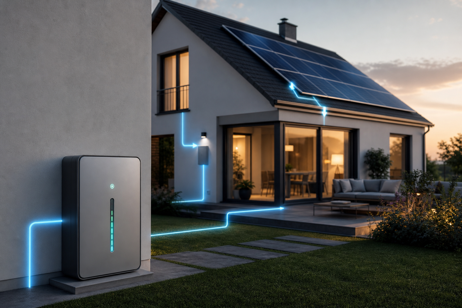 Ein modernes Einfamilienhaus mit Solarmodulen auf dem Dach und einem stilisierten Batteriespeicher im Vordergrund, der Energieflüsse visualisiert. Klare Linien, futuristisch, aber realistisch.
