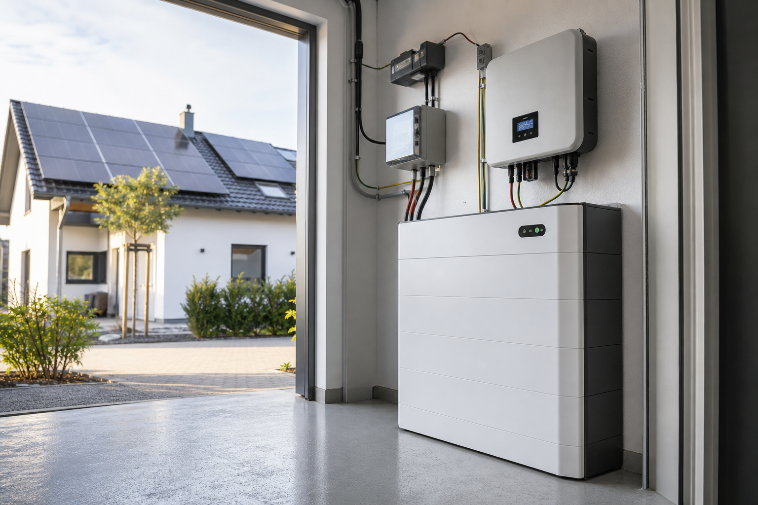 Ein modernes, elegantes Stromspeichersystem in einem Technikraum, verbunden mit einer Photovoltaikanlage auf einem Hausdach im Hintergrund. Fokus auf die Technologie und Integration.