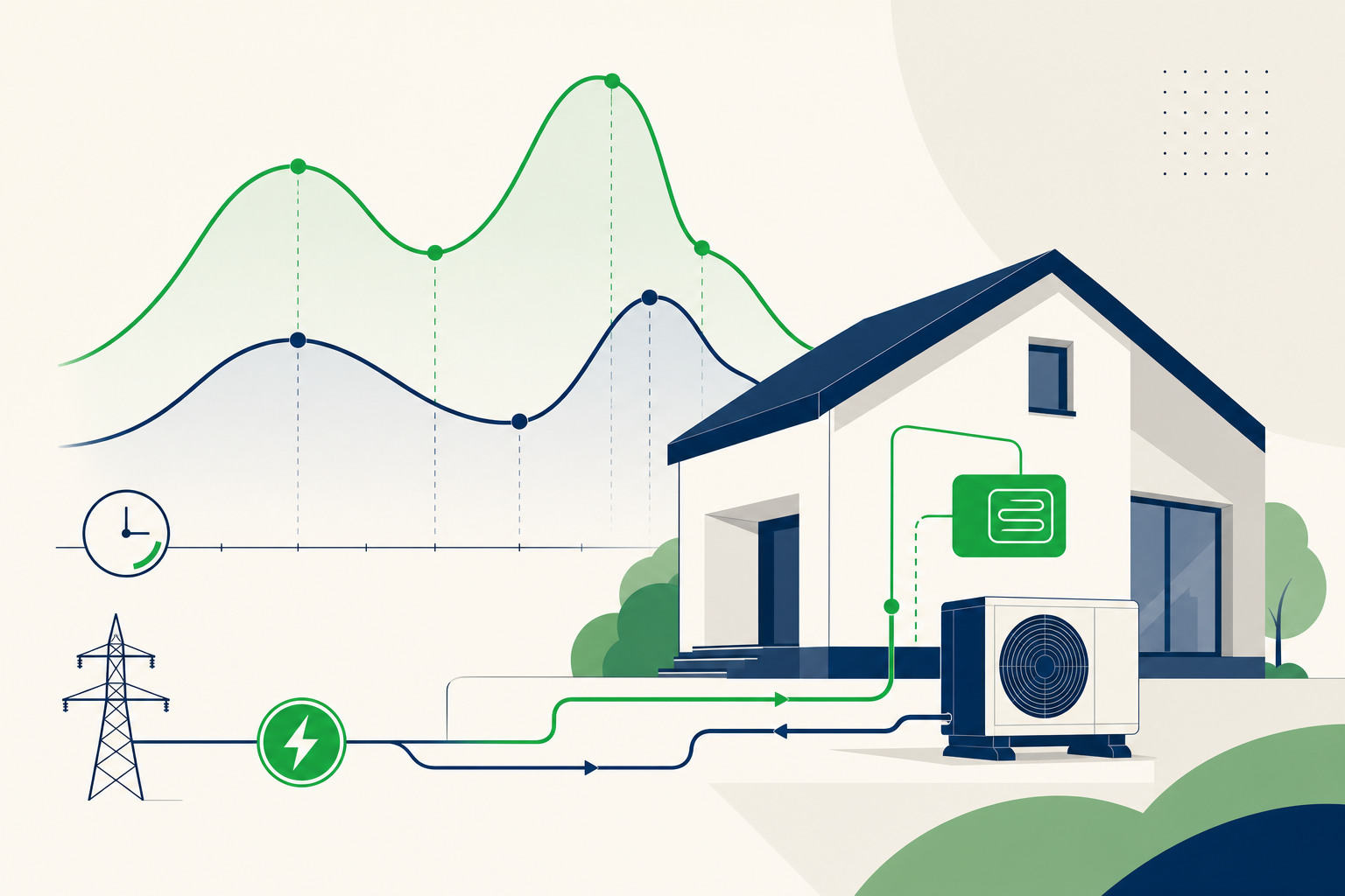 Eine schematische Darstellung von Stromflüssen und Preiskurven, überlagert mit einem stilisierten Haus und einer Wärmepumpe im Hintergrund. Keine Personen, keine Logos.