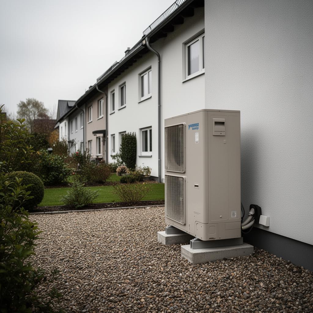 Luft-Wasser-Wärmepumpe neben einem Reihenhaus